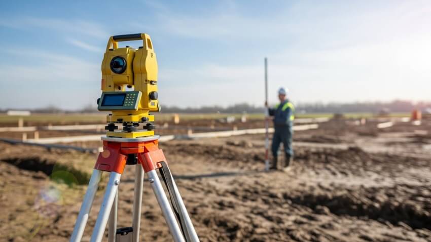 Работа с оптическим нивелиром и рейкой на строительстве фундамента.