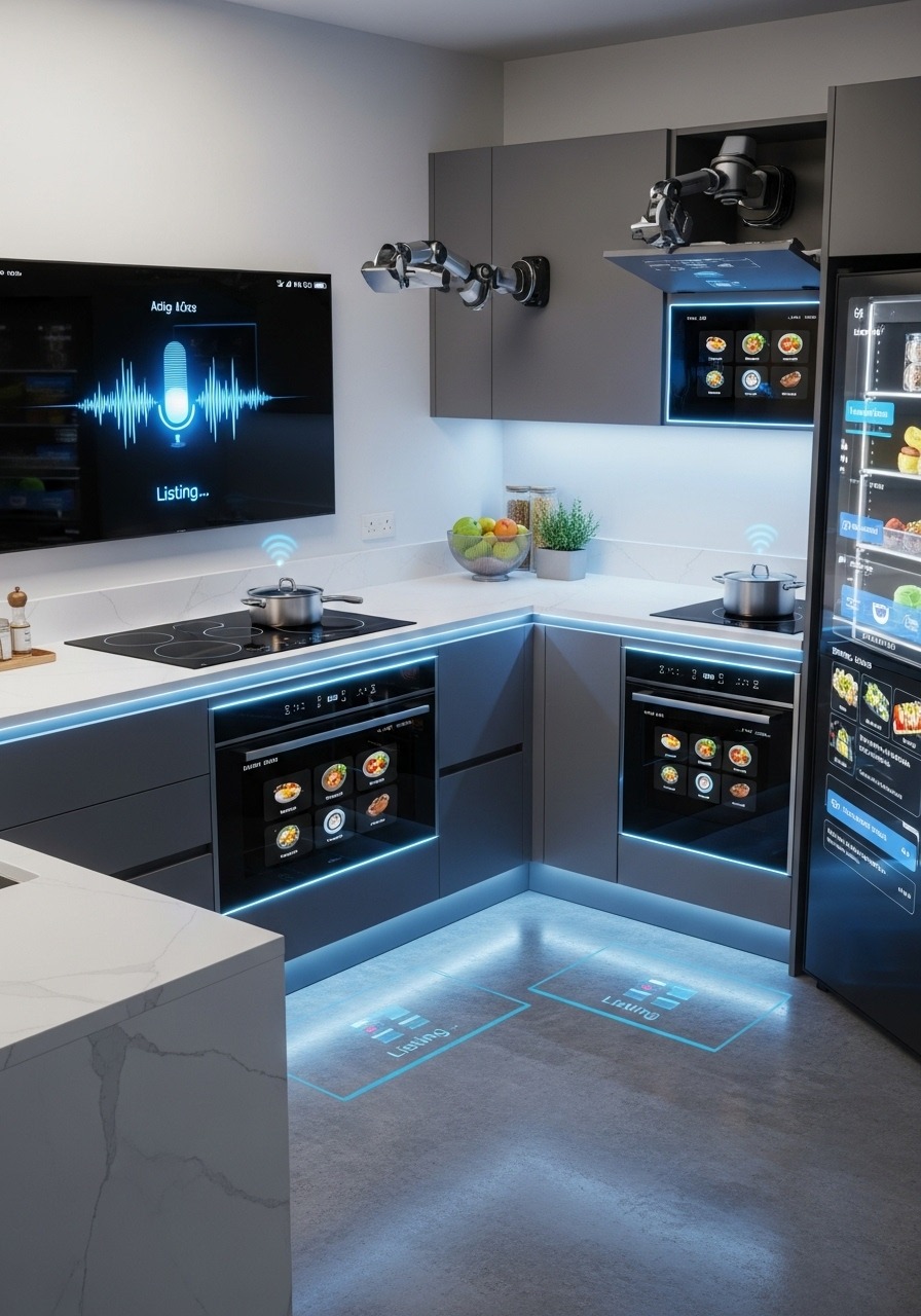 умная угловая кухня с IoT технологиями голосовым управлением и интеллектуальной техникой
