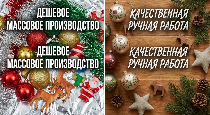 Сравнение дешевого и качественного новогоднего декора: слева — пластиковые игрушки массового производства с блестками, справа — стеклянные шары ручной работы, деревянные фигурки, натуральные материалы, контраст эстетики