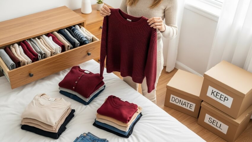 Процесс сортировки одежды по методу KonMari: на кровати разложены стопки одежды по категориям, женщина держит в руках свитер и оценивает эмоции, рядом коробки для разных категорий, вертикальное складывание одежды в ящике, организованное хранение
