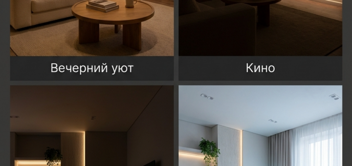 Коллаж из четырёх сцен умного света в одном интерьере: “Вечерний уют”, “Кино”, “Ночной проход”, “Мягкое утро” — разная яркость и распределение света.
