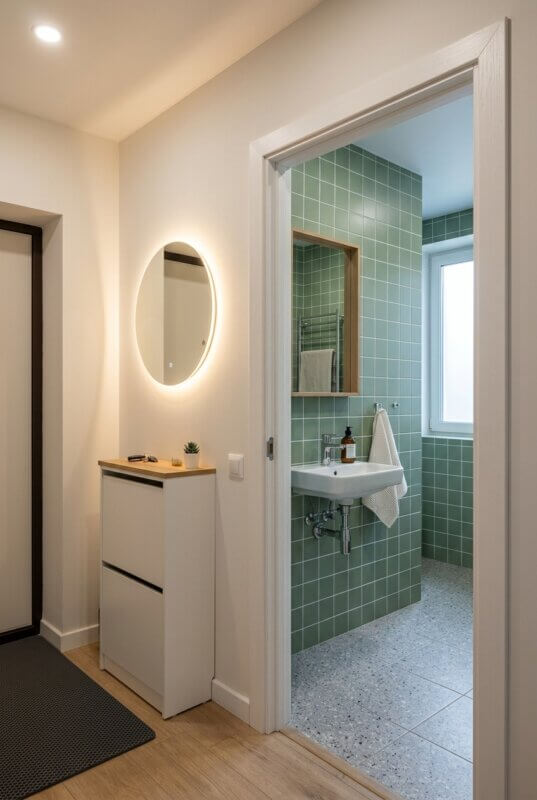 Вид из обновлённой прихожей через открытую дверь в покрашенную ванную